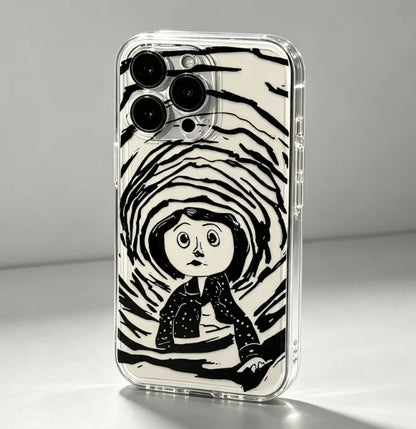 Coraline Tunnel Black White Sketch Clear TPU Phone Case, Horror Animation Coraline Jones Print Shockproof Soft Transparent Cover For iPhone 17 16 15 14 13 12 11 Pro Max