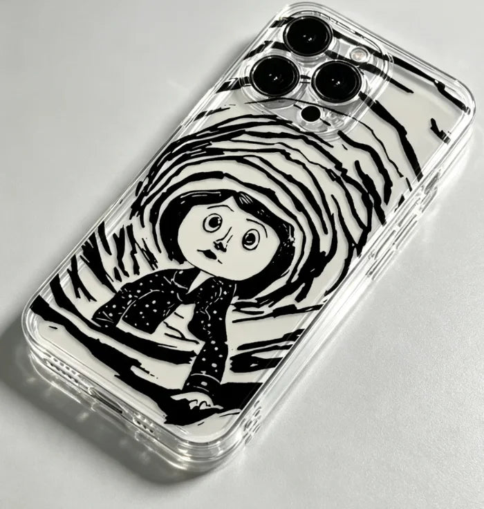 Coraline Tunnel Black White Sketch Clear TPU Phone Case, Horror Animation Coraline Jones Print Shockproof Soft Transparent Cover For iPhone 17 16 15 14 13 12 11 Pro Max