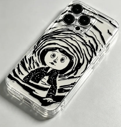 Coraline Tunnel Black White Sketch Clear TPU Phone Case, Horror Animation Coraline Jones Print Shockproof Soft Transparent Cover For iPhone 17 16 15 14 13 12 11 Pro Max