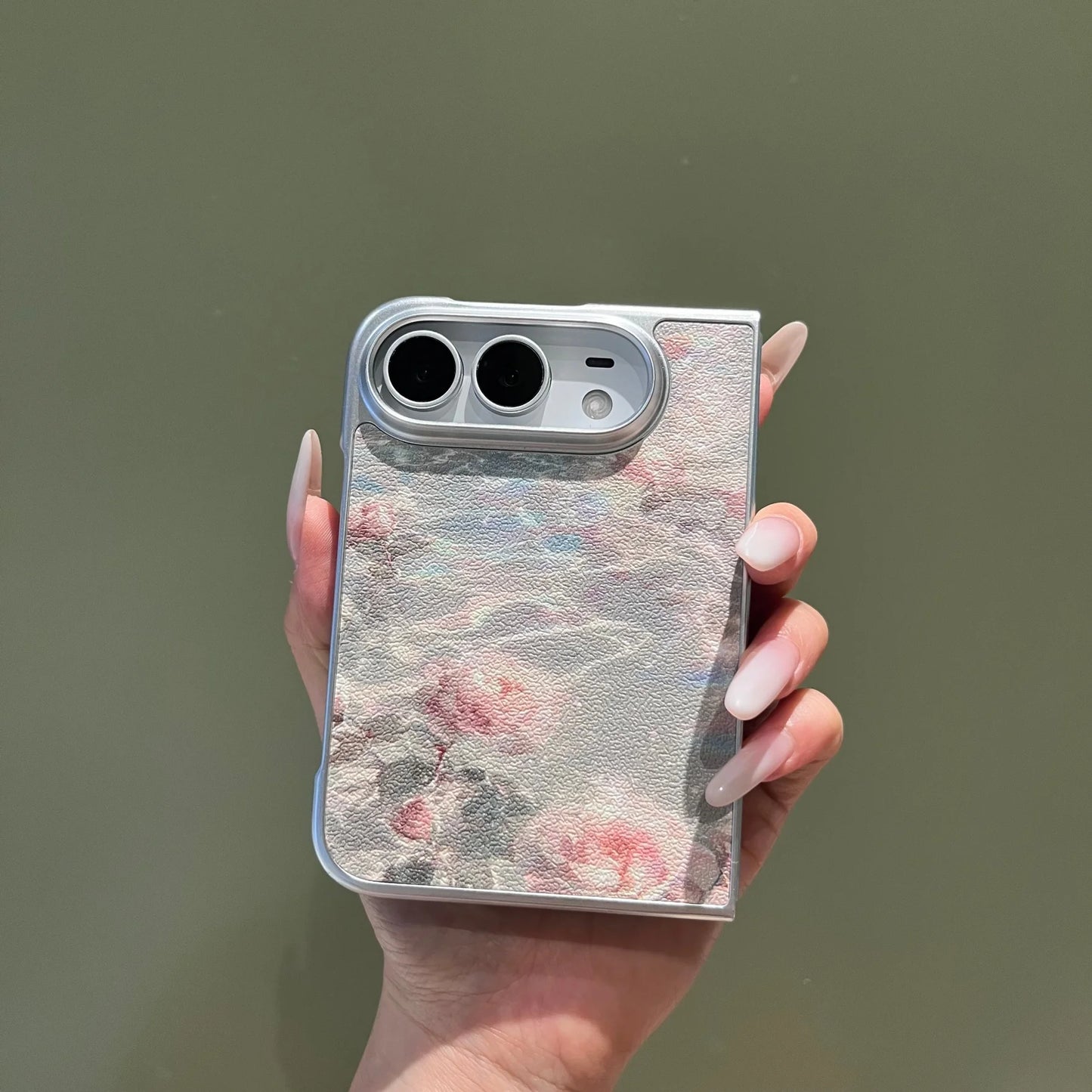 Korean Cute Leather Oil Painting Flower Phone Case for iPhone Ultra 18 Fold 18 Fold Ultra 18 Fold Shockproof Stylish Hard Cover