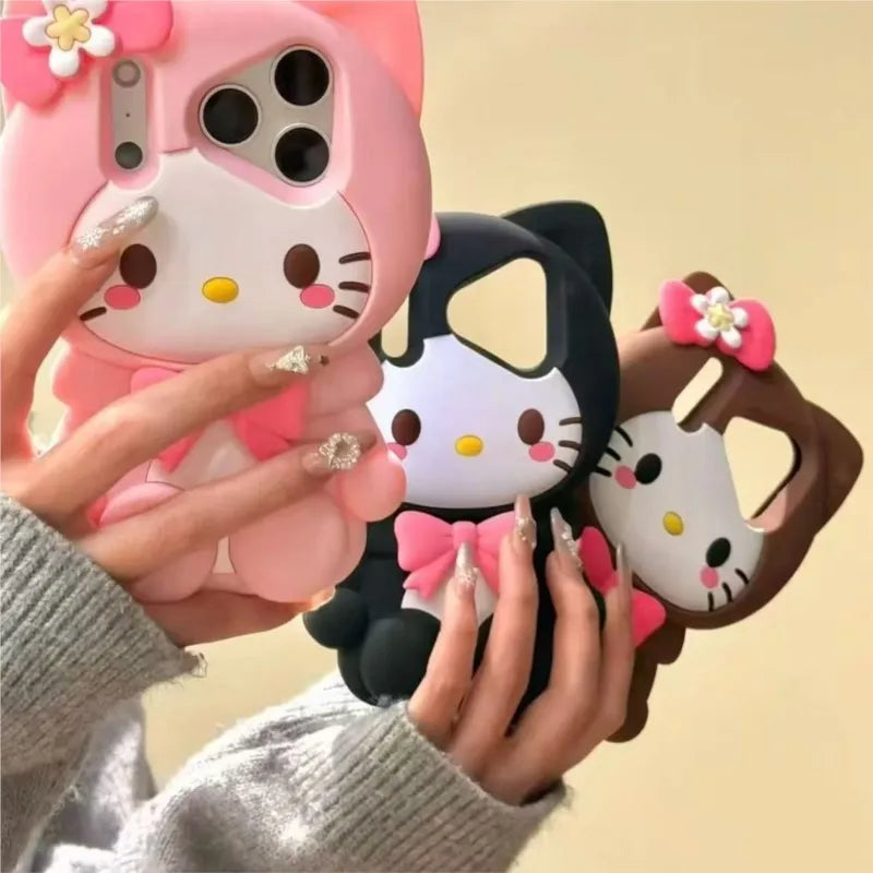 Lovely Cute 3D Cartoon Sanrio Hello Kitty Phone Case for iPhone 17 16 15 14 13 12 Pro Max Plus Shockproof Soft Silicone Cover