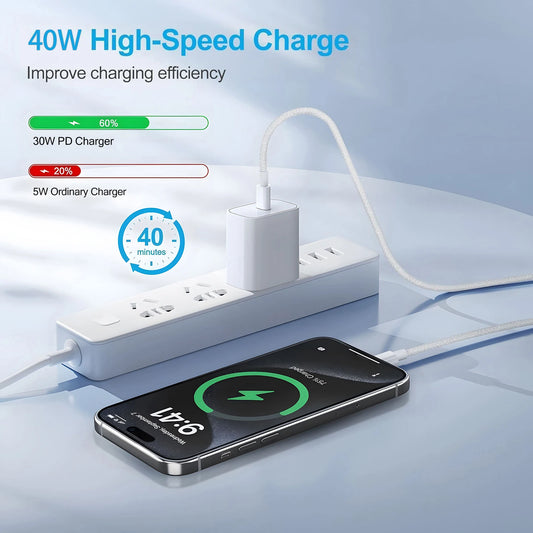 2 Set 40W PD USB C Fast Charger With 6FT Type C Cable Wall Charger Adapter Block Set For iPhone 17 17 Air 16 15 Pro Max iPad
