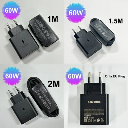 Original Samsung 60W 45W Charger Super Fast Charge EU Adapter 1.5M 2M Type C Cable S26 S25 FE S24 Ultra S23 A55 A56 for iphone