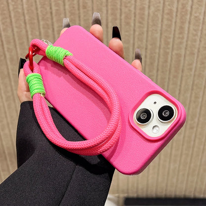 Lanyard Strap Rope Silicone Phone Case For iPhone 13 17 11 15 12 14 16 Pro Max Soft Candy Color Lichee Pattern Leather Cover