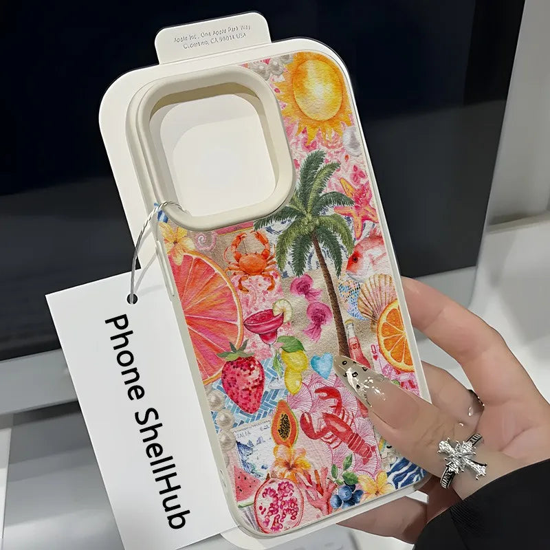 Summer Beach Party Collage Pattern Lychee Texture Phone Case For iPhone 11 12 13 14 15 16 17 Pro Max 14 15 Plus 17Air Soft Cover