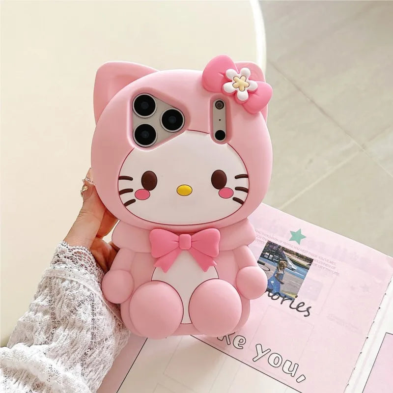 Lovely Cute 3D Cartoon Sanrio Hello Kitty Phone Case for iPhone 17 16 15 14 13 12 Pro Max Plus Shockproof Soft Silicone Cover