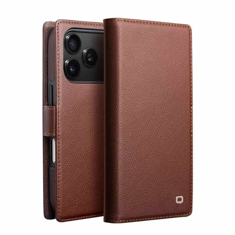 QIALINO Case for iPhone 17 Pro Genuine Leather Flip Bracket Handmade Magnetic Cover with Card Slots for iPhone 17 Pro Max/17 Air