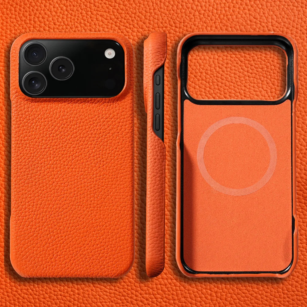 for Magsafe Case for iPhone 17 Air 15 16 Pro Max 17Pro Lychee Natural Cowhide Leather Magnetic Protector Luxury Phone Back Cover