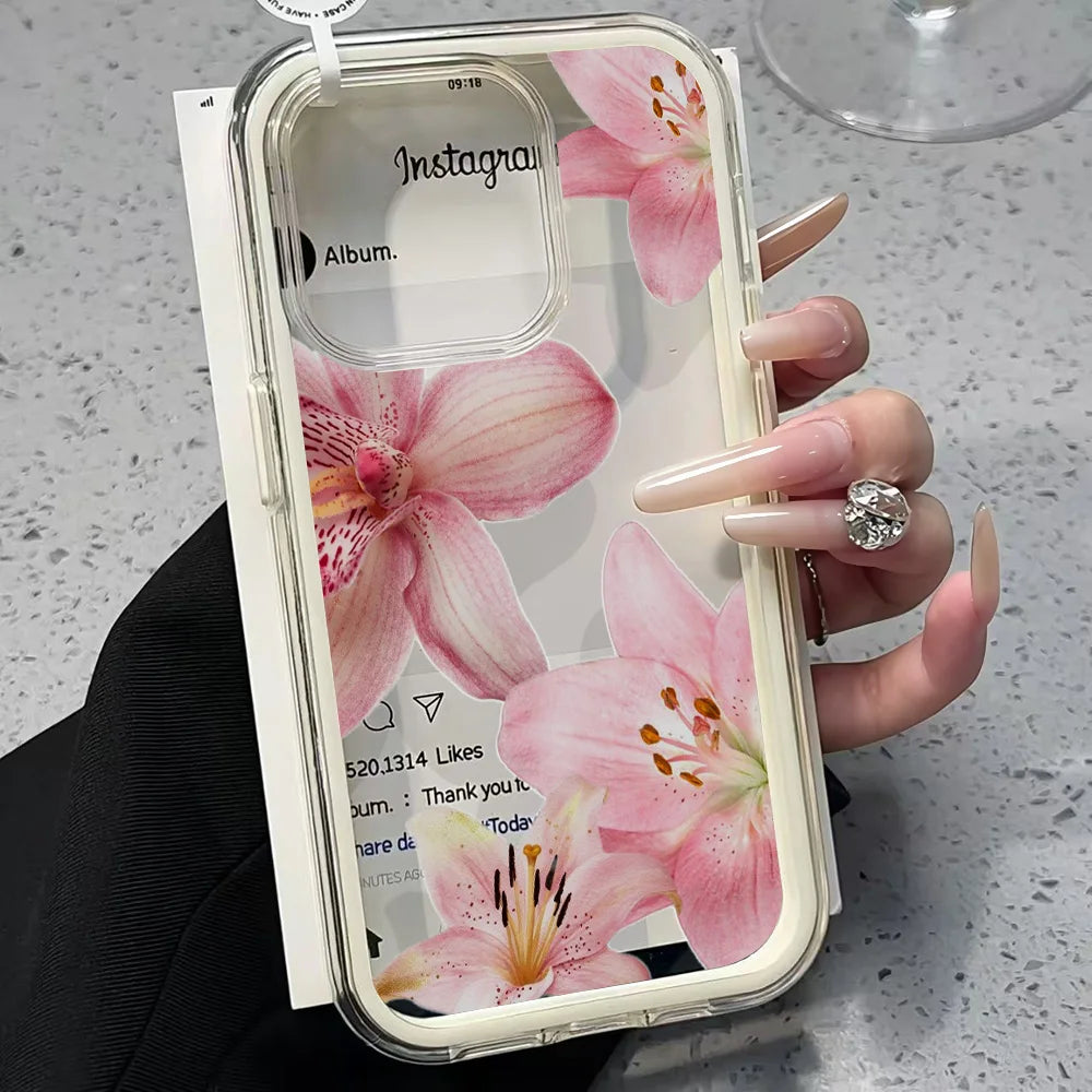 Pink Lily Flower Clear Phone Case For iPhone 17 13 16 15 11 12 14 Pro Max 17 Air XR X Case Silicone 2 IN 1 Shockproof Soft Cover