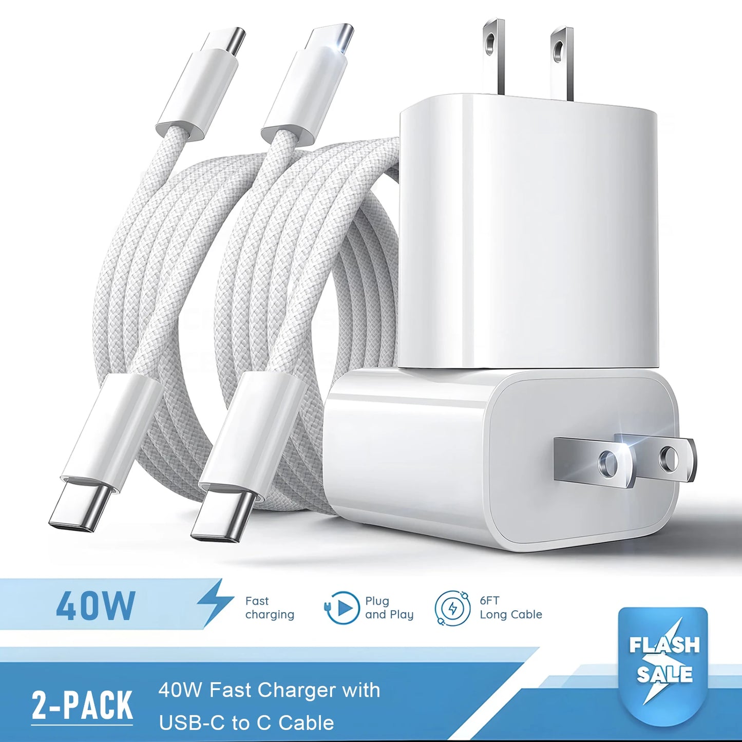 2 Set 40W PD USB C Fast Charger With 6FT Type C Cable Wall Charger Adapter Block Set For iPhone 17 17 Air 16 15 Pro Max iPad