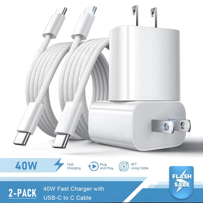 2 Set 40W PD USB C Fast Charger With 6FT Type C Cable Wall Charger Adapter Block Set For iPhone 17 17 Air 16 15 Pro Max iPad