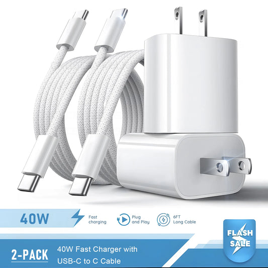 2 Set 40W PD USB C Fast Charger With 6FT Type C Cable Wall Charger Adapter Block Set For iPhone 17 17 Air 16 15 Pro Max iPad