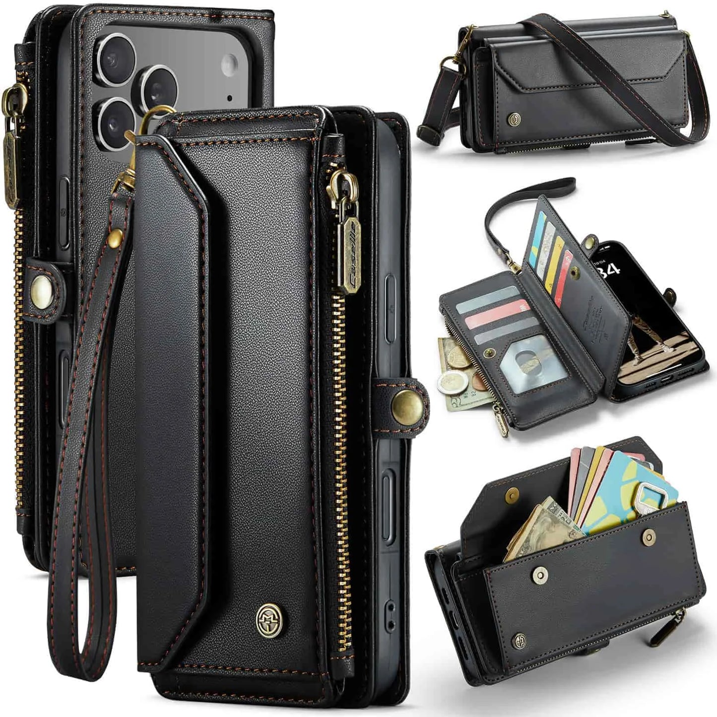 for iPhone Air/17/17 Pro/17 ProMax Case Wallet RFID Blocking with 7-Card Holder Zipper Bills,Wristlet Shoulder Strap Wallet Case