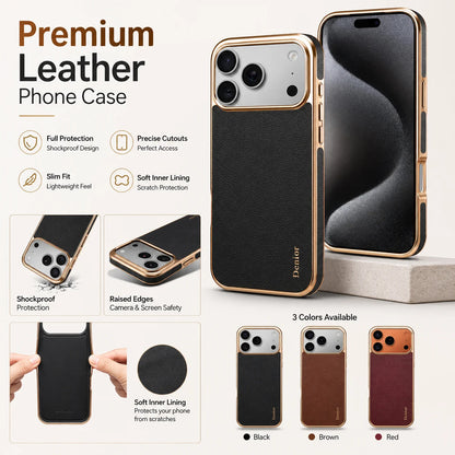 Denior Genuine Leather Phone Case Suitable for iPhone 17/16/15/14/13 Pro Max Plus, Slim Shockproof Cover With Raised Camera Edge