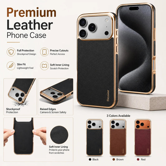 Denior Genuine Leather Phone Case Suitable for iPhone 17/16/15/14/13 Pro Max Plus, Slim Shockproof Cover With Raised Camera Edge