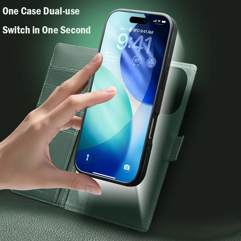 QIALINO Case for iPhone 17 Pro Genuine Leather Flip Bracket Handmade Magnetic Cover with Card Slots for iPhone 17 Pro Max/17 Air