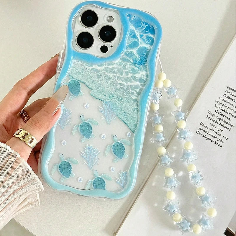 Summer Turtle Marine Elements Wavy-edge Phone Case For iPhone 17 16 15 14 13 12 11 Pro Max Plus 17E Clear Bead String Soft Cover