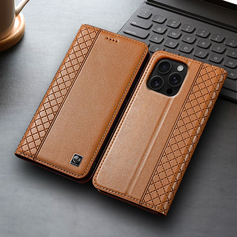 Napa Inner Grid Genuine Leather Flip Case For Apple iPhone 12 13 14 15 16 16e 17 Pro Max Plus X XS Max XR Phone Cover Card Cases