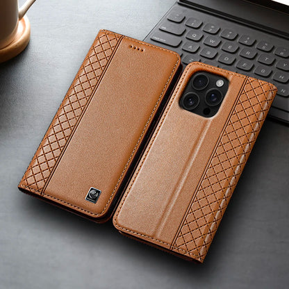 Napa Inner Grid Genuine Leather Flip Case For Apple iPhone 12 13 14 15 16 16e 17 Pro Max Plus X XS Max XR Phone Cover Card Cases