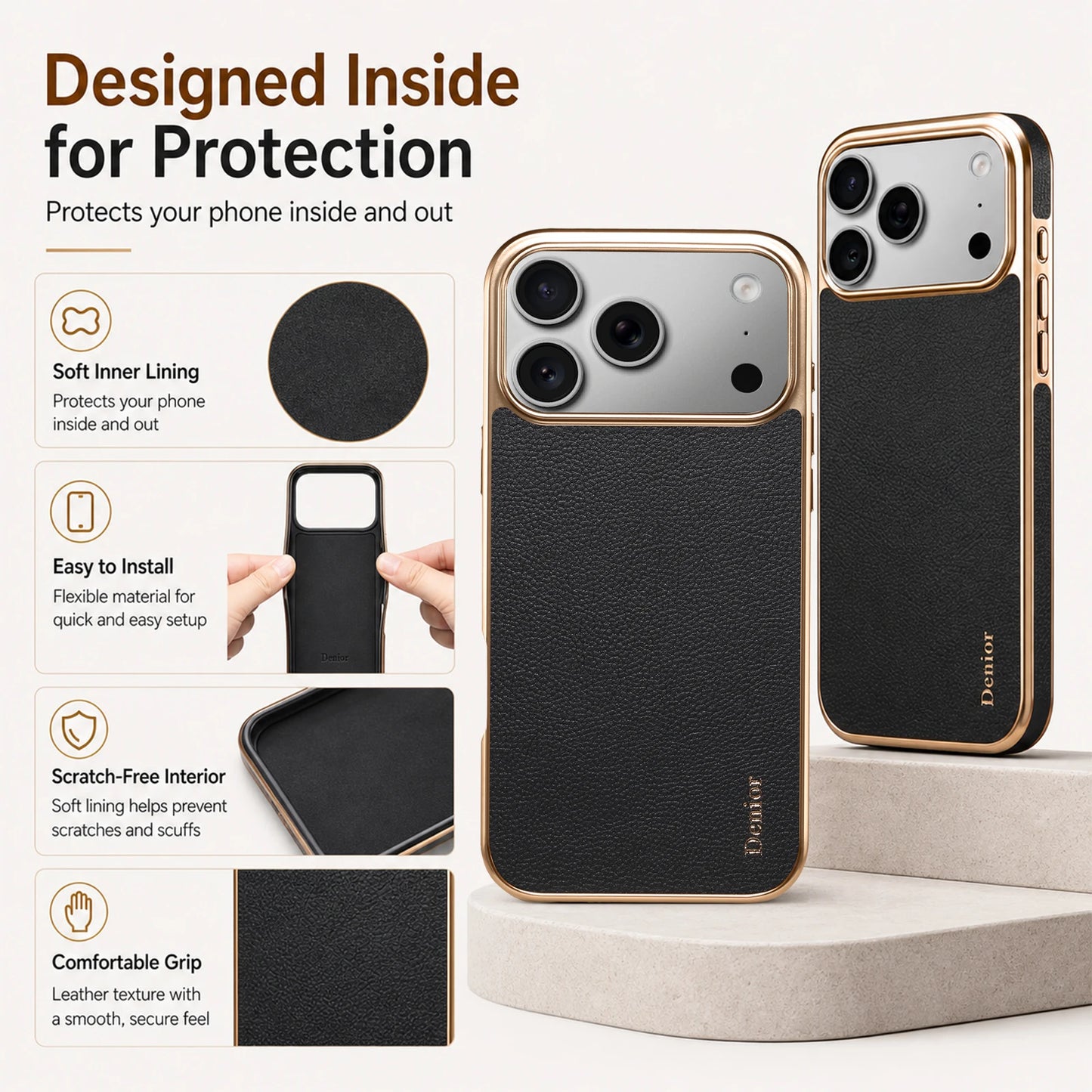 Denior Genuine Leather Phone Case Suitable for iPhone 17/16/15/14/13 Pro Max Plus, Slim Shockproof Cover With Raised Camera Edge