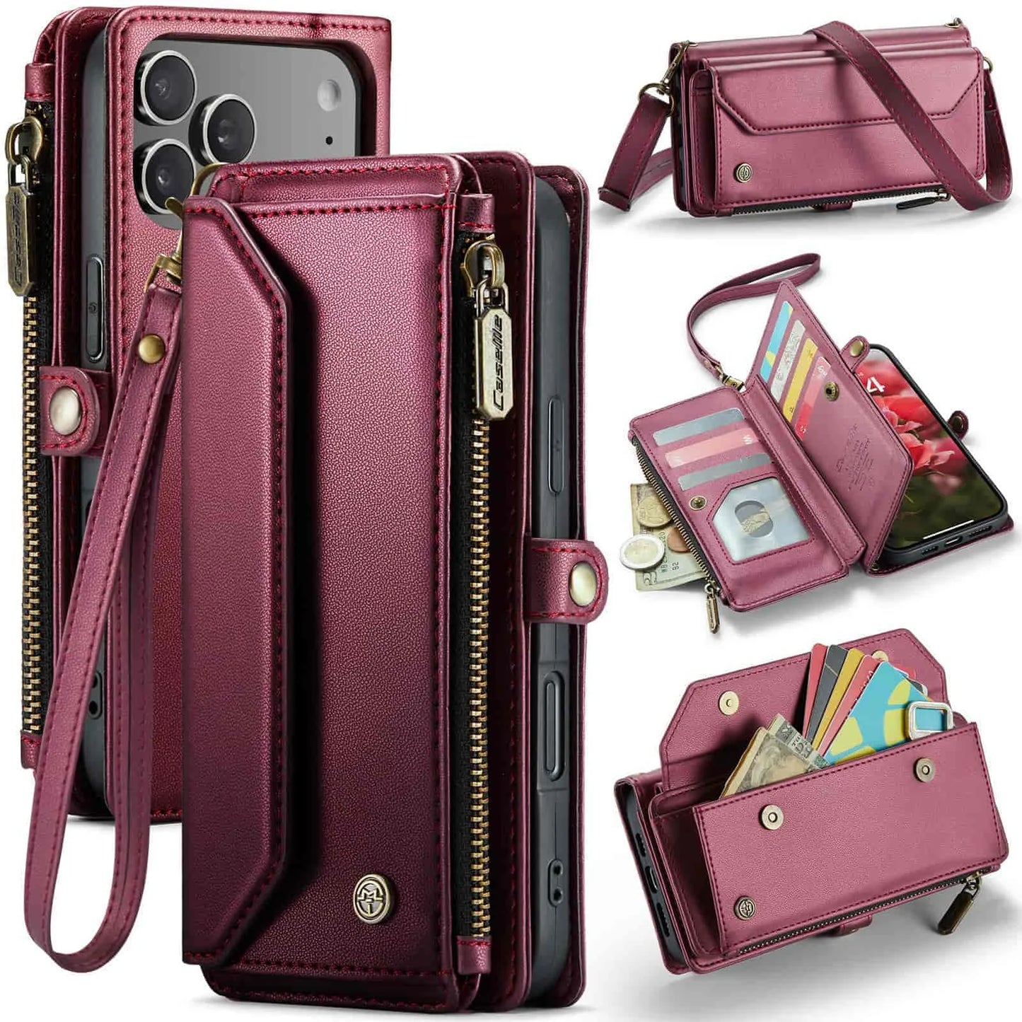 for iPhone Air/17/17 Pro/17 ProMax Case Wallet RFID Blocking with 7-Card Holder Zipper Bills,Wristlet Shoulder Strap Wallet Case