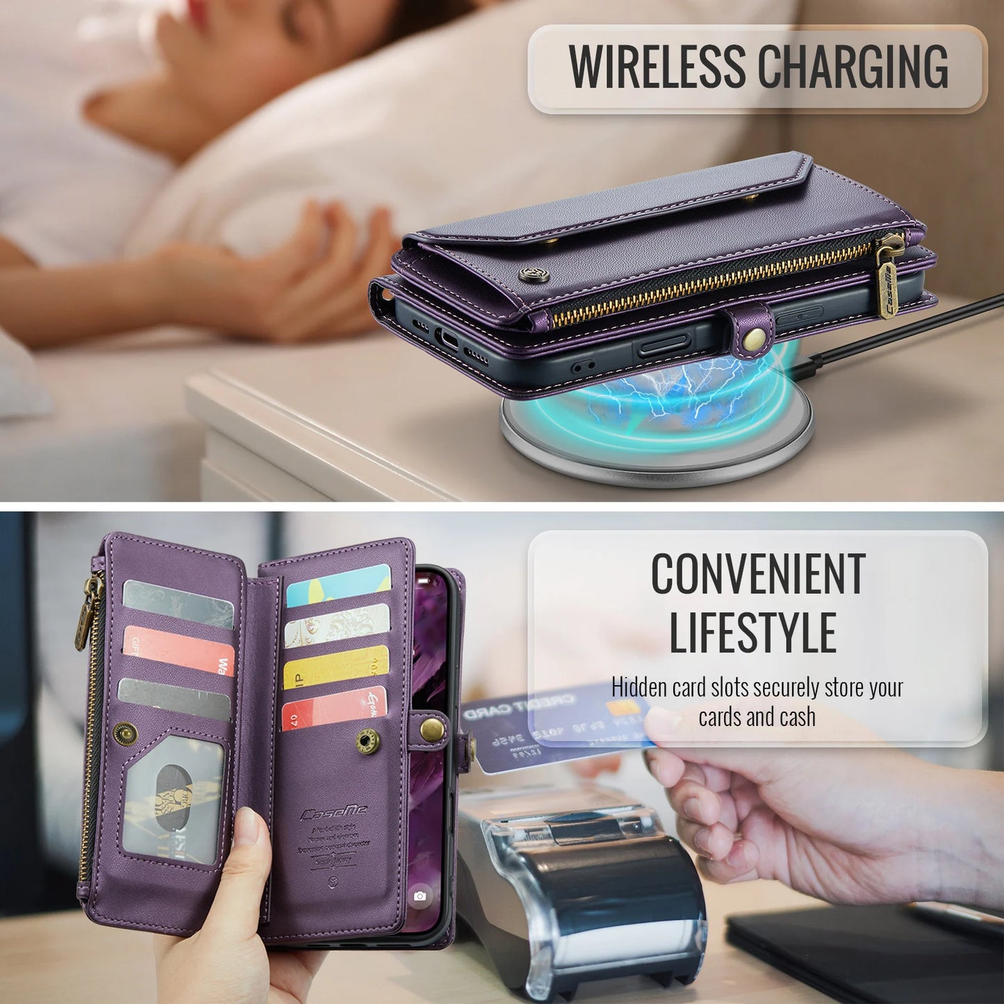 for iPhone Air/17/17 Pro/17 ProMax Case Wallet RFID Blocking with 7-Card Holder Zipper Bills,Wristlet Shoulder Strap Wallet Case