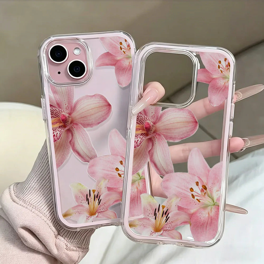 Pink Lily Flower Clear Phone Case For iPhone 17 13 16 15 11 12 14 Pro Max 17 Air XR X Case Silicone 2 IN 1 Shockproof Soft Cover