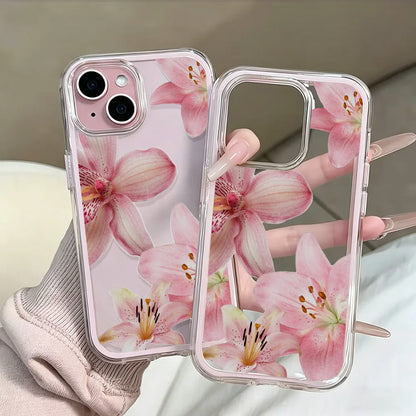 Pink Lily Flower Clear Phone Case For iPhone 17 13 16 15 11 12 14 Pro Max 17 Air XR X Case Silicone 2 IN 1 Shockproof Soft Cover