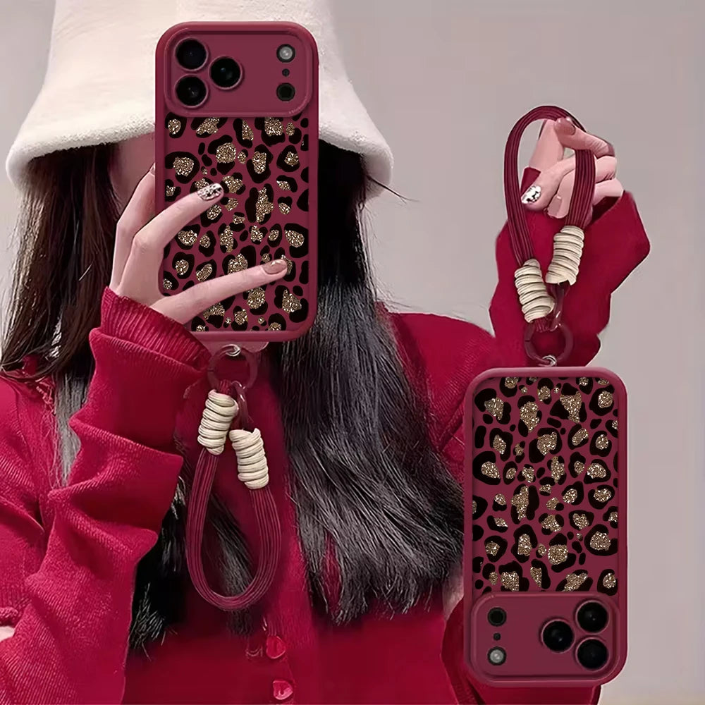 Leopard Print INS Hand Wrist Strap Case For iPhone 16 17 Pro Max Cases iPhone 11 12 13 ProMax 14 15 Plus With Lanyard Soft Cover