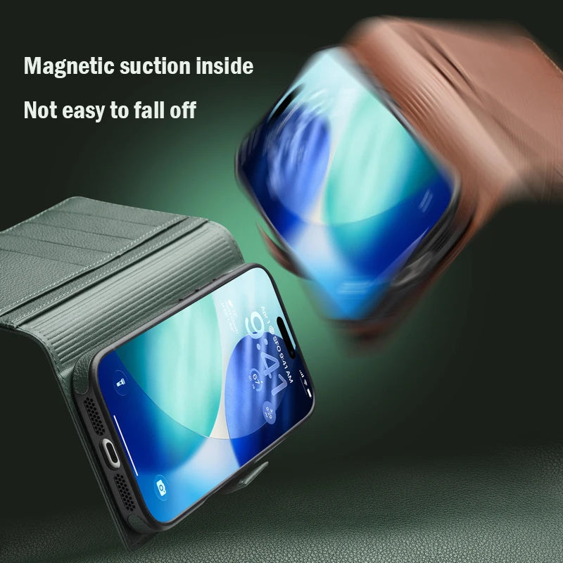 QIALINO Case for iPhone 17 Pro Genuine Leather Flip Bracket Handmade Magnetic Cover with Card Slots for iPhone 17 Pro Max/17 Air