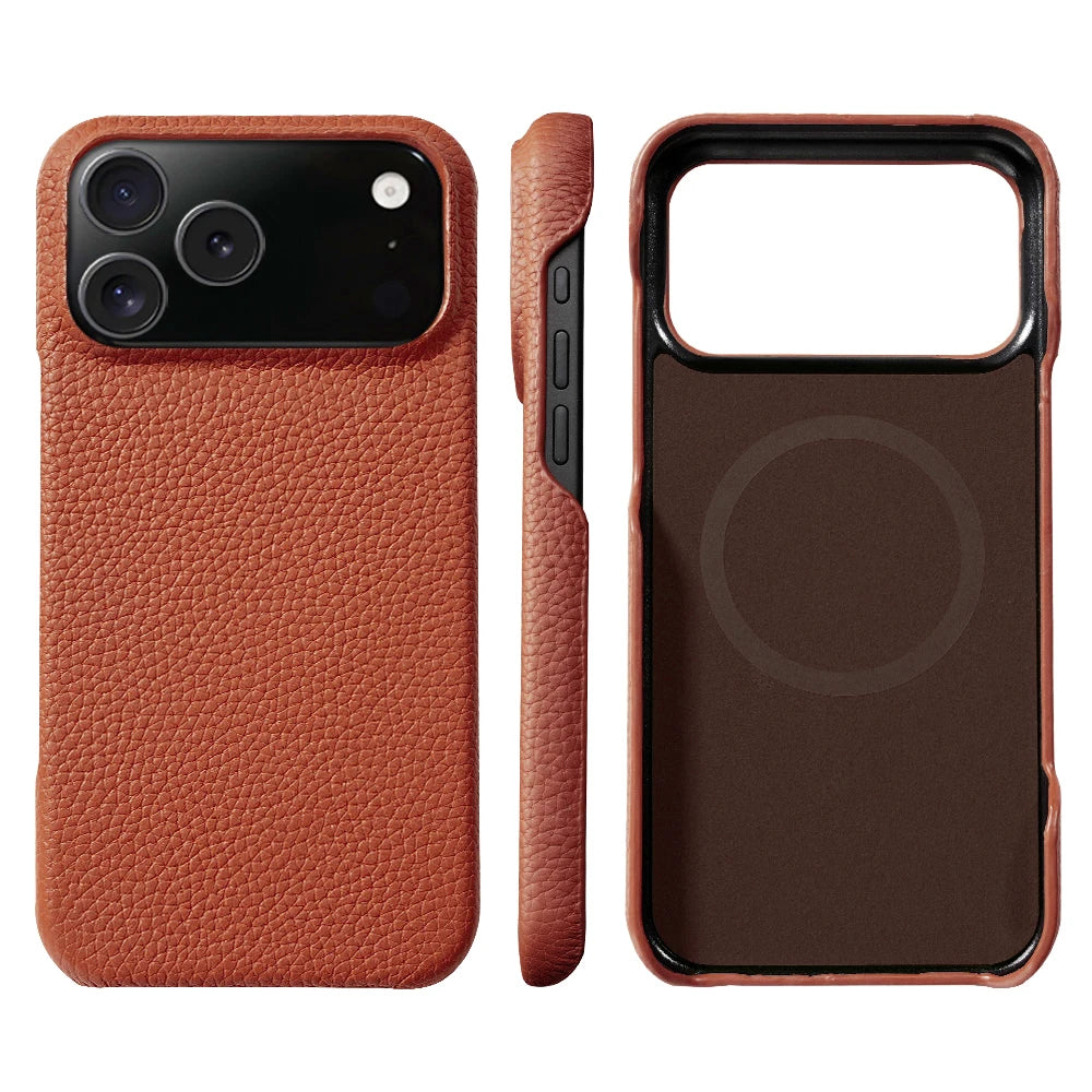 for Magsafe Case for iPhone 17 Air 15 16 Pro Max 17Pro Lychee Natural Cowhide Leather Magnetic Protector Luxury Phone Back Cover
