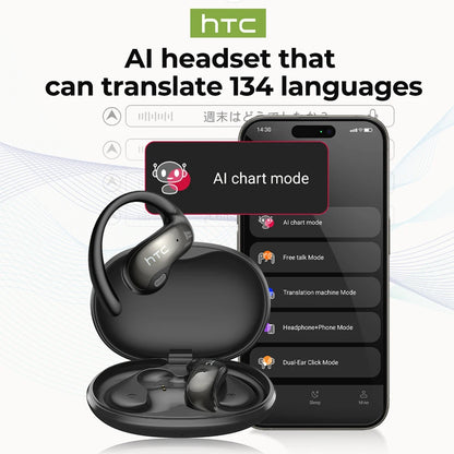 HTC Original NE19 AI Translate Bluetooth Earphones OWS Open Ear Business Travel Wireless Headphones Music Stereo Sound Earbuds