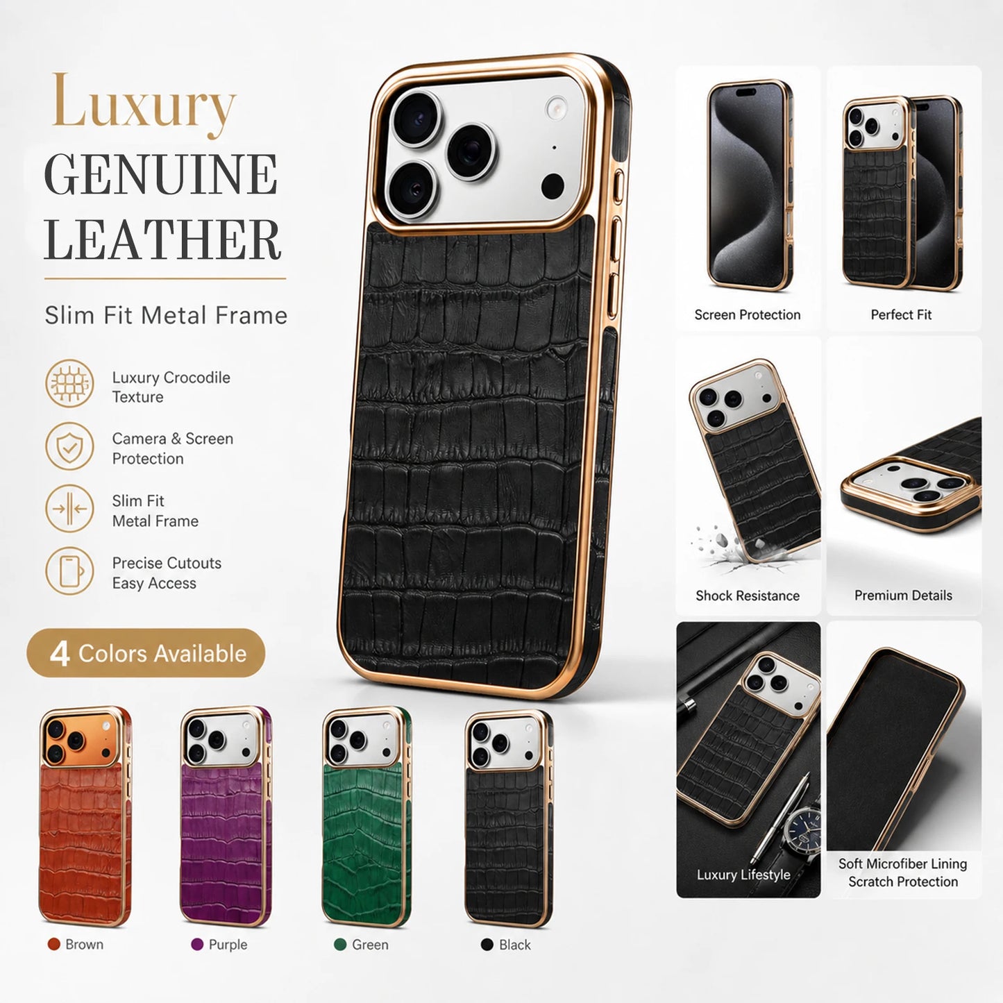 Denior Crocodile Genuine Leather Texture Phone Case Suitable for iPhone 17 16 15 Pro Max,Shockproof Cover With Camera Edge Guard
