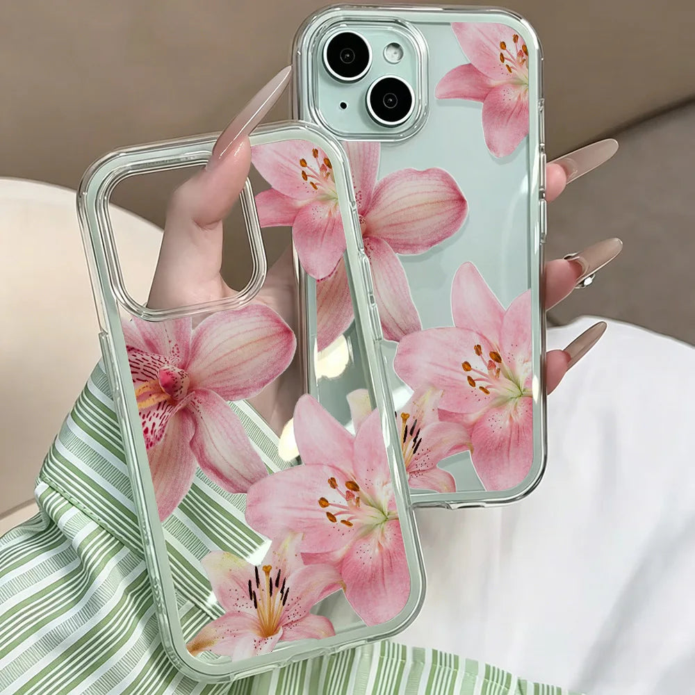 Pink Lily Flower Clear Phone Case For iPhone 17 13 16 15 11 12 14 Pro Max 17 Air XR X Case Silicone 2 IN 1 Shockproof Soft Cover