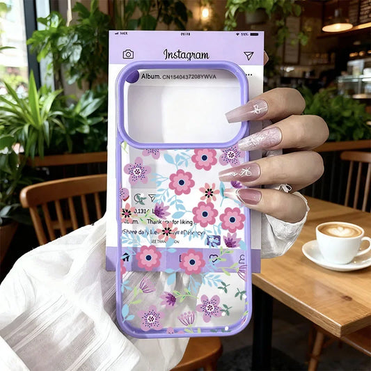 Purple Frame Clear Floral Phone Case, Pink Purple Wildflower Print TPU Protective Cover, Sweet Pastel Cottagecore Aesthetic Shockproof Shell For iPhone 17 16 15 14 13 Pro Max