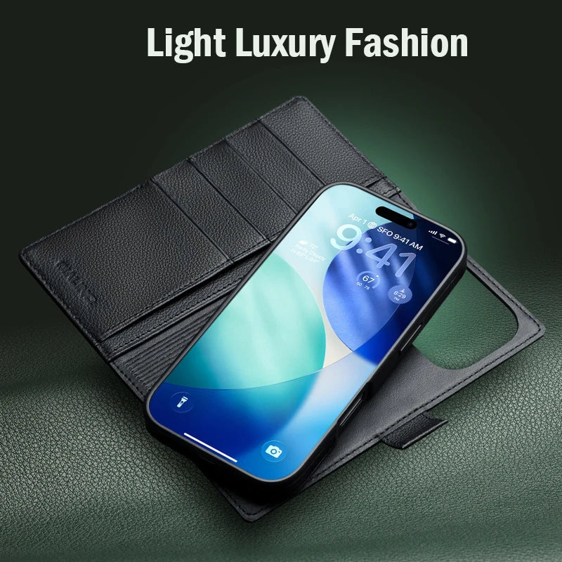QIALINO Case for iPhone 17 Pro Genuine Leather Flip Bracket Handmade Magnetic Cover with Card Slots for iPhone 17 Pro Max/17 Air