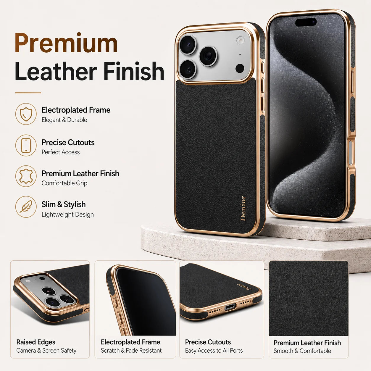 Denior Genuine Leather Phone Case Suitable for iPhone 17/16/15/14/13 Pro Max Plus, Slim Shockproof Cover With Raised Camera Edge