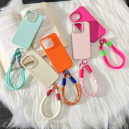 Lanyard Strap Rope Silicone Phone Case For iPhone 13 17 11 15 12 14 16 Pro Max Soft Candy Color Lichee Pattern Leather Cover