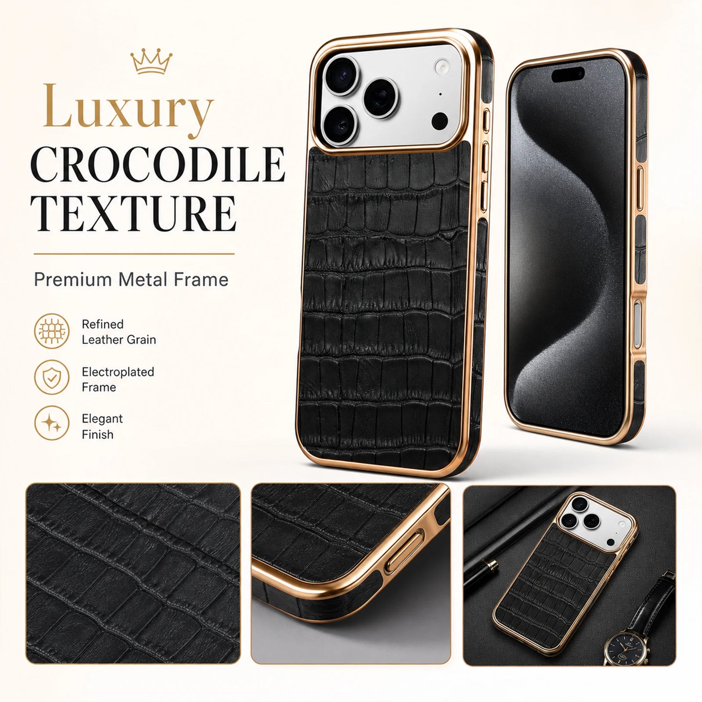 Denior Crocodile Genuine Leather Texture Phone Case Suitable for iPhone 17 16 15 Pro Max,Shockproof Cover With Camera Edge Guard