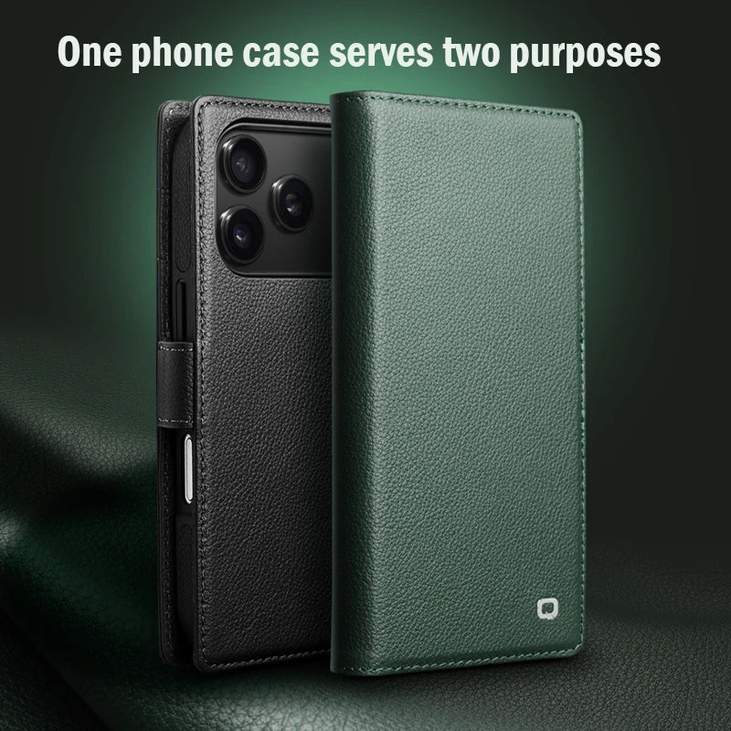 QIALINO Case for iPhone 17 Pro Genuine Leather Flip Bracket Handmade Magnetic Cover with Card Slots for iPhone 17 Pro Max/17 Air