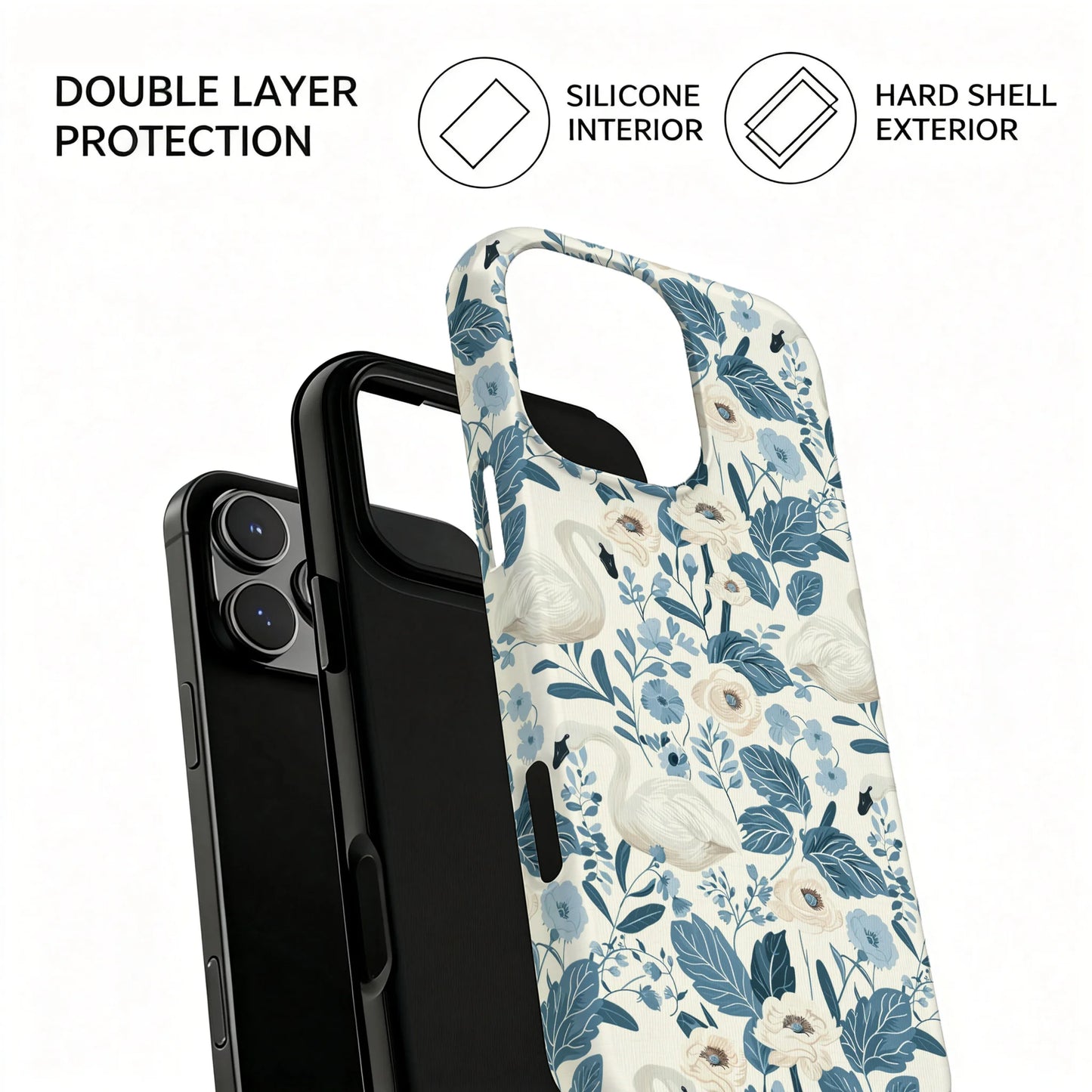 Elegant Swan Blue Floral Botanical Magnetic Case For iPhone 15 16 17 14 Pro Max Plus 13 12 Wireless Charging Shockproof Cover