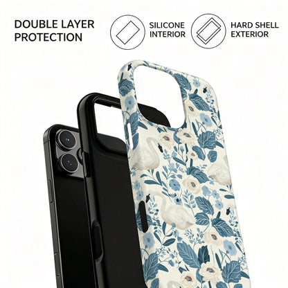 Elegant Swan Blue Floral Botanical Magnetic Case For iPhone 15 16 17 14 Pro Max Plus 13 12 Wireless Charging Shockproof Cover