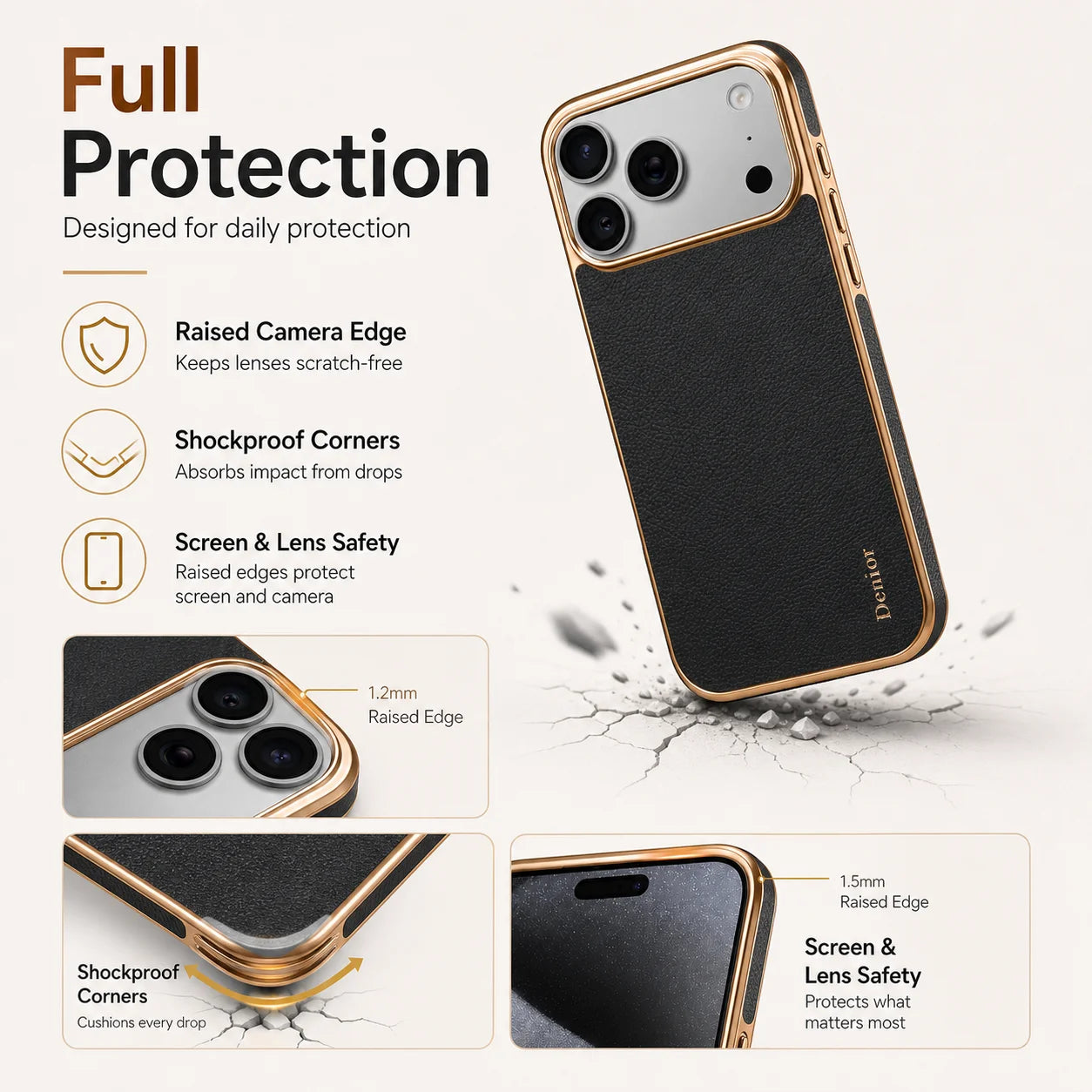 Denior Genuine Leather Phone Case Suitable for iPhone 17/16/15/14/13 Pro Max Plus, Slim Shockproof Cover With Raised Camera Edge