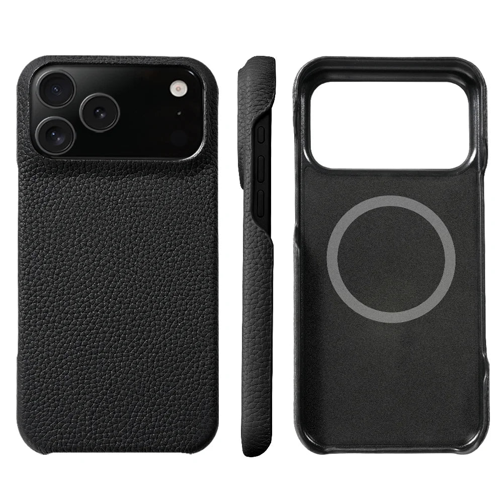 for Magsafe Case for iPhone 17 Air 15 16 Pro Max 17Pro Lychee Natural Cowhide Leather Magnetic Protector Luxury Phone Back Cover