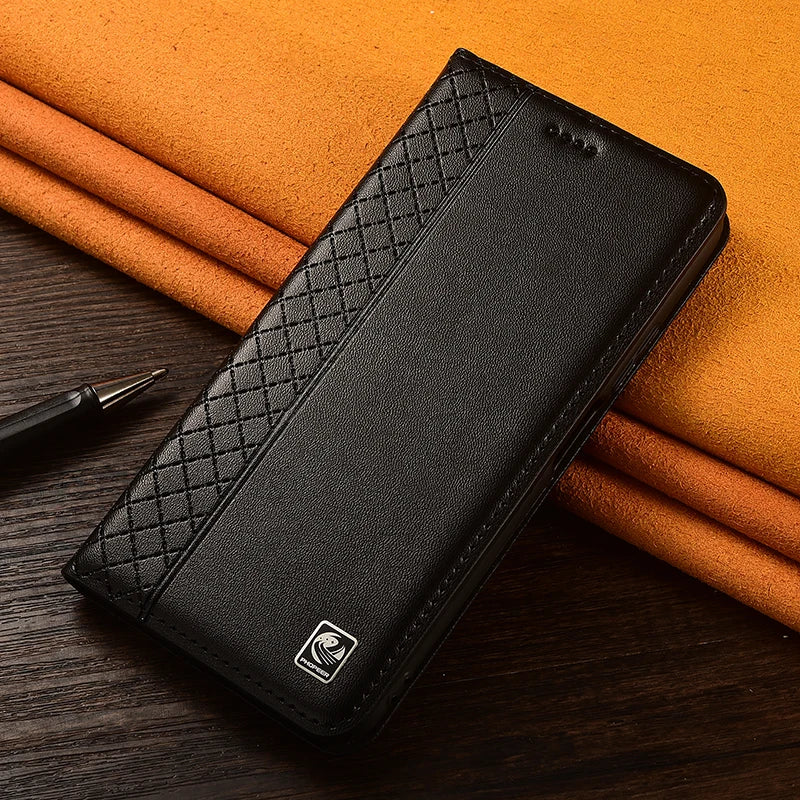 Napa Inner Grid Genuine Leather Flip Case For Apple iPhone 12 13 14 15 16 16e 17 Pro Max Plus X XS Max XR Phone Cover Card Cases