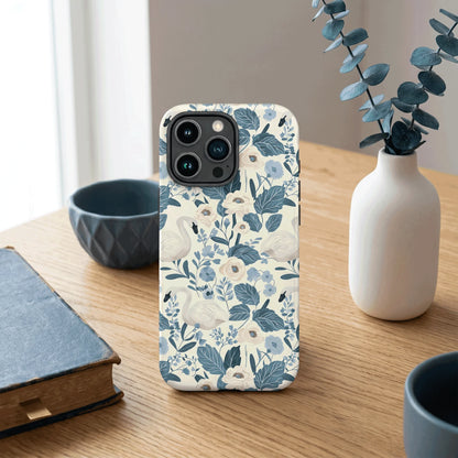 Elegant Swan Blue Floral Botanical Magnetic Case For iPhone 15 16 17 14 Pro Max Plus 13 12 Wireless Charging Shockproof Cover