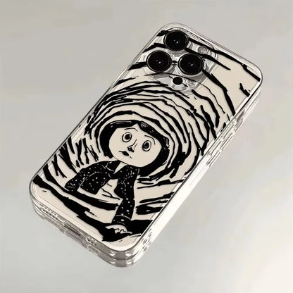 Coraline Tunnel Black White Sketch Clear TPU Phone Case, Horror Animation Coraline Jones Print Shockproof Soft Transparent Cover For iPhone 17 16 15 14 13 12 11 Pro Max