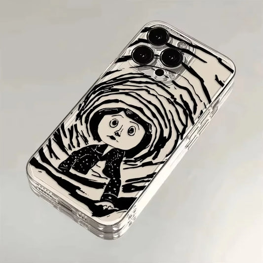 Coraline Tunnel Black White Sketch Clear TPU Phone Case, Horror Animation Coraline Jones Print Shockproof Soft Transparent Cover For iPhone 17 16 15 14 13 12 11 Pro Max