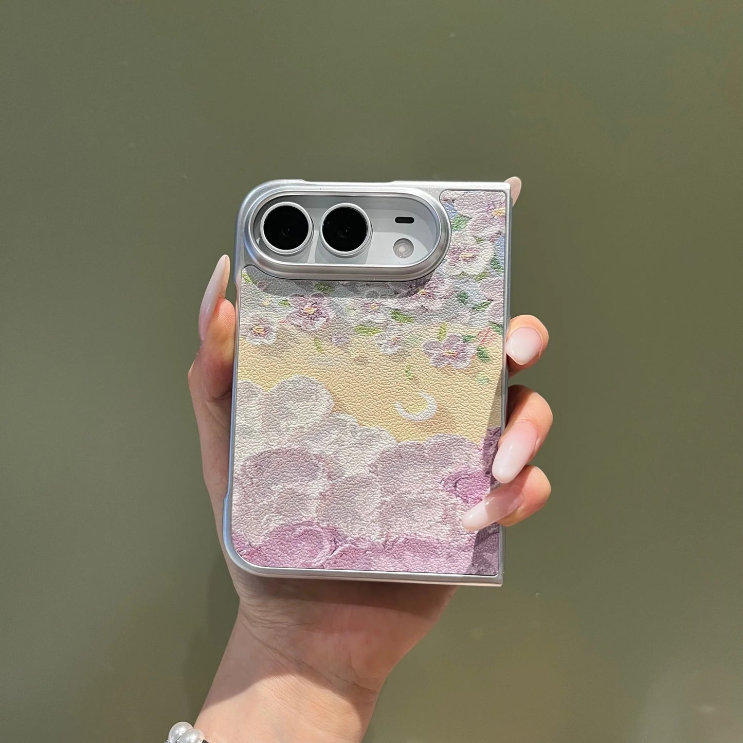 Korean Cute Leather Oil Painting Flower Phone Case for iPhone Ultra 18 Fold 18 Fold Ultra 18 Fold Shockproof Stylish Hard Cover