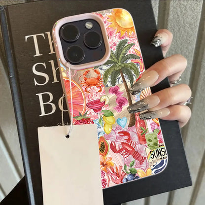 Summer Beach Party Collage Pattern Lychee Texture Phone Case For iPhone 11 12 13 14 15 16 17 Pro Max 14 15 Plus 17Air Soft Cover